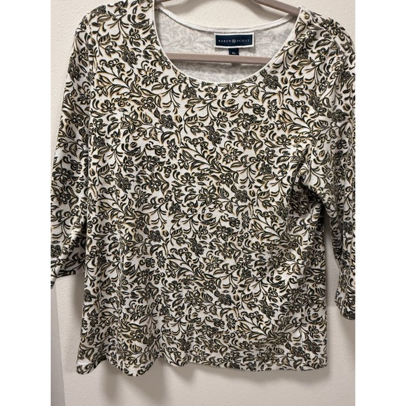 Karen Scott Tops - Karen Scott White Brown Yellow Floral 3/4 Sleeve Blouse Top Casual Size PL